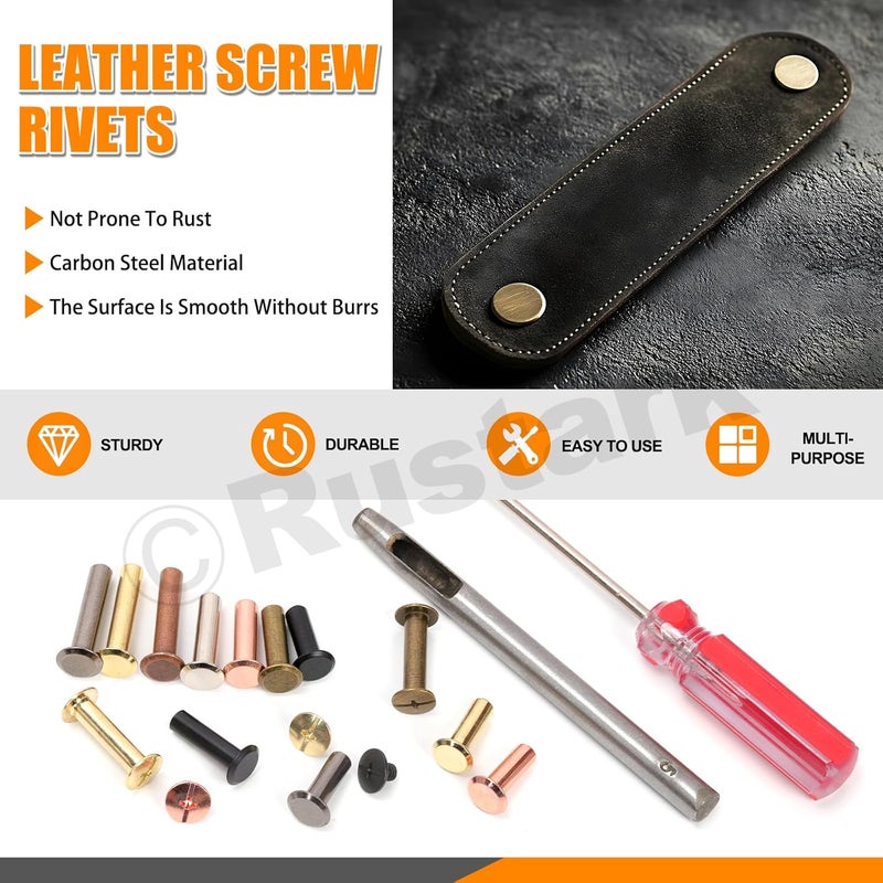 Rustark 142Pcs 4 Sizes Gold Chicago Screws Leather Rivets Assortment Kit with Setting Tools M5 Assorted Screws Rivets Metal Chicago Binding Screw for Leather Craft Belts Bags - Image 3